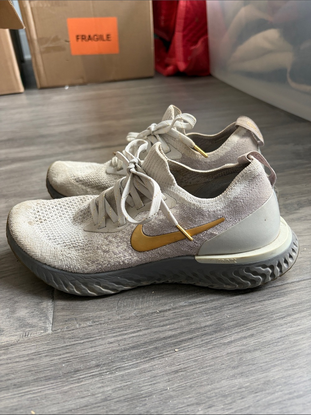 Nike React Women's Running Shoes - Light Beige with Gold Swoosh 7.5